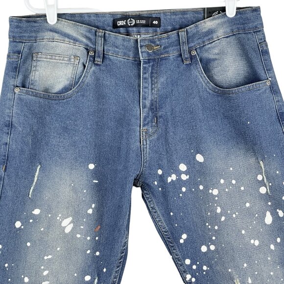 CR24 Chrome Edge Men Denim Jean 40x30 Distressed Splatter Paint Stretch Straight - Picture 3 of 11